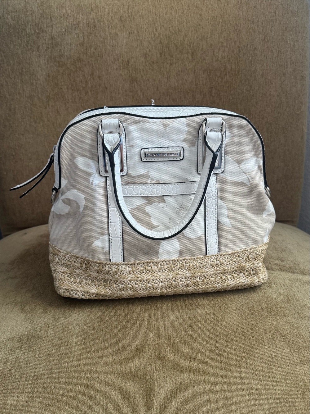 Beige Floral Canvas & Straw Tote Bag - Lightweight Everyday Handbag